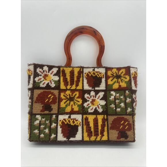 Vtg 70s Purse Needlepoint Floral Mushroom Patchwork Lucite Handles Retro MCM - Picture 1 of 7